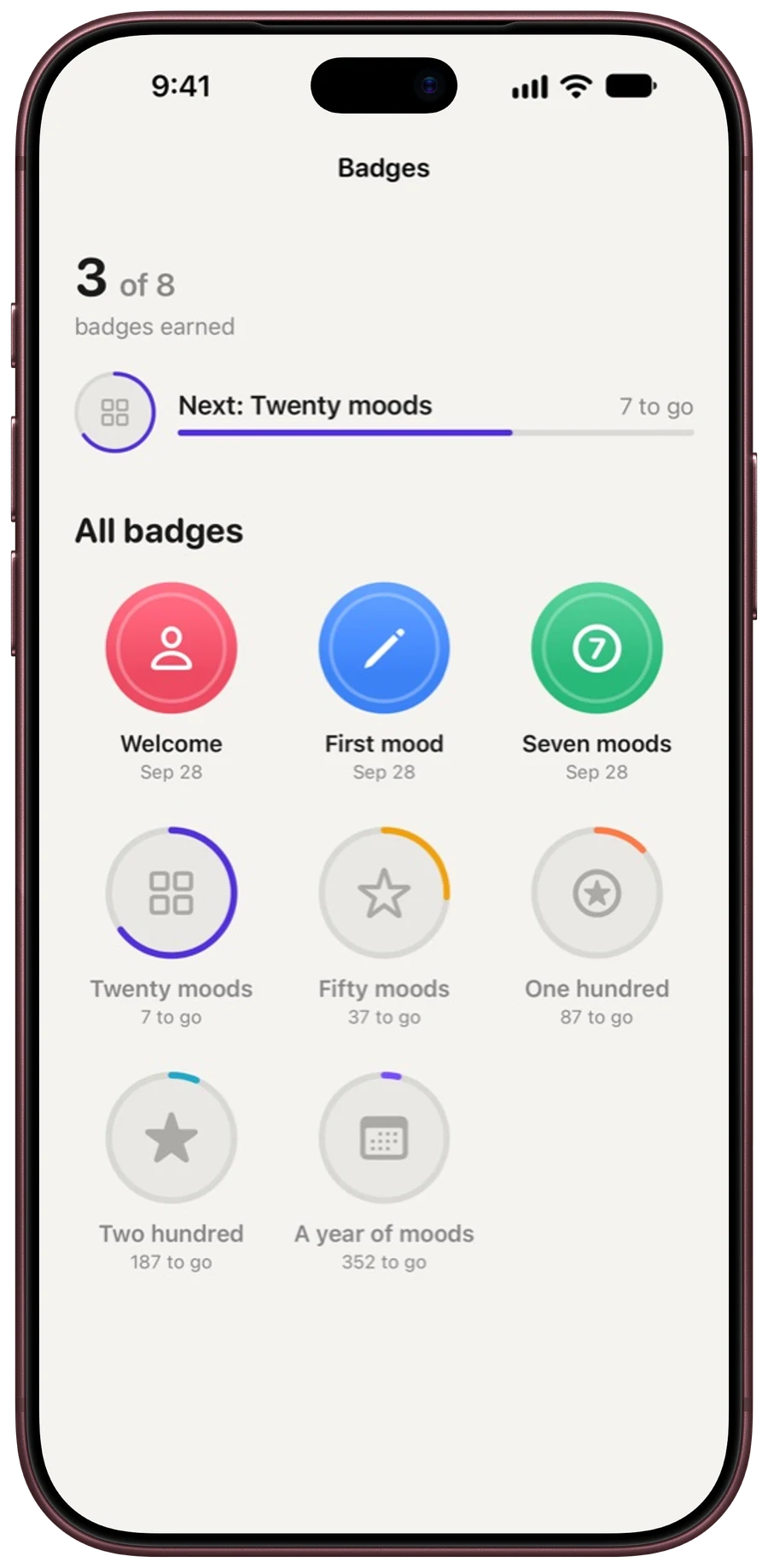 Milestone badges for logging moods