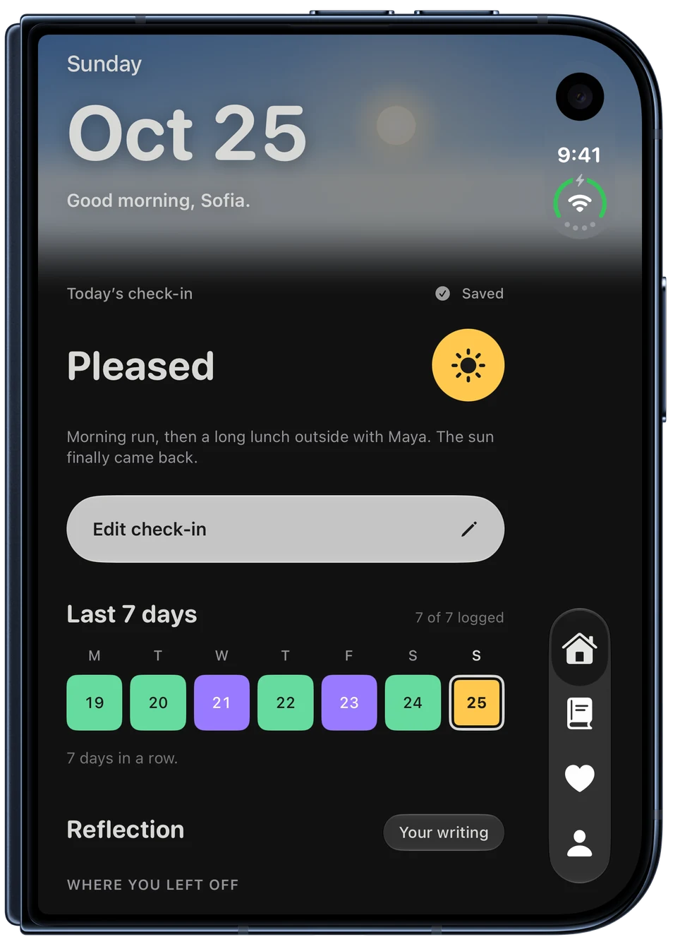 iPhone Duo, closed, showing Home, with the morning sky, today’s check-in, the last 7 days and recent check-ins.