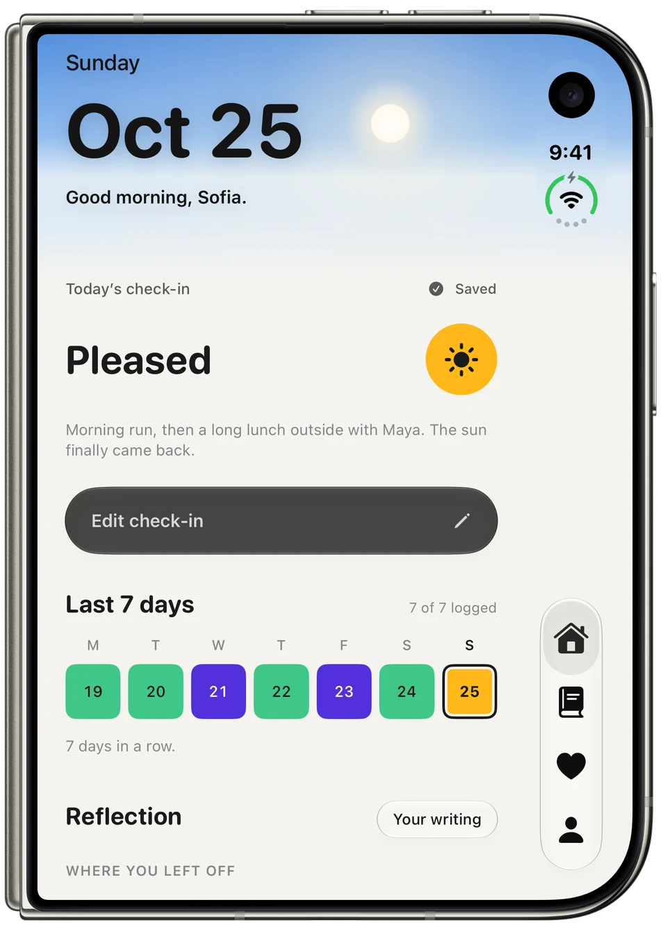 iPhone Duo, closed, showing Home, with the morning sky, today’s check-in, the last 7 days and recent check-ins.