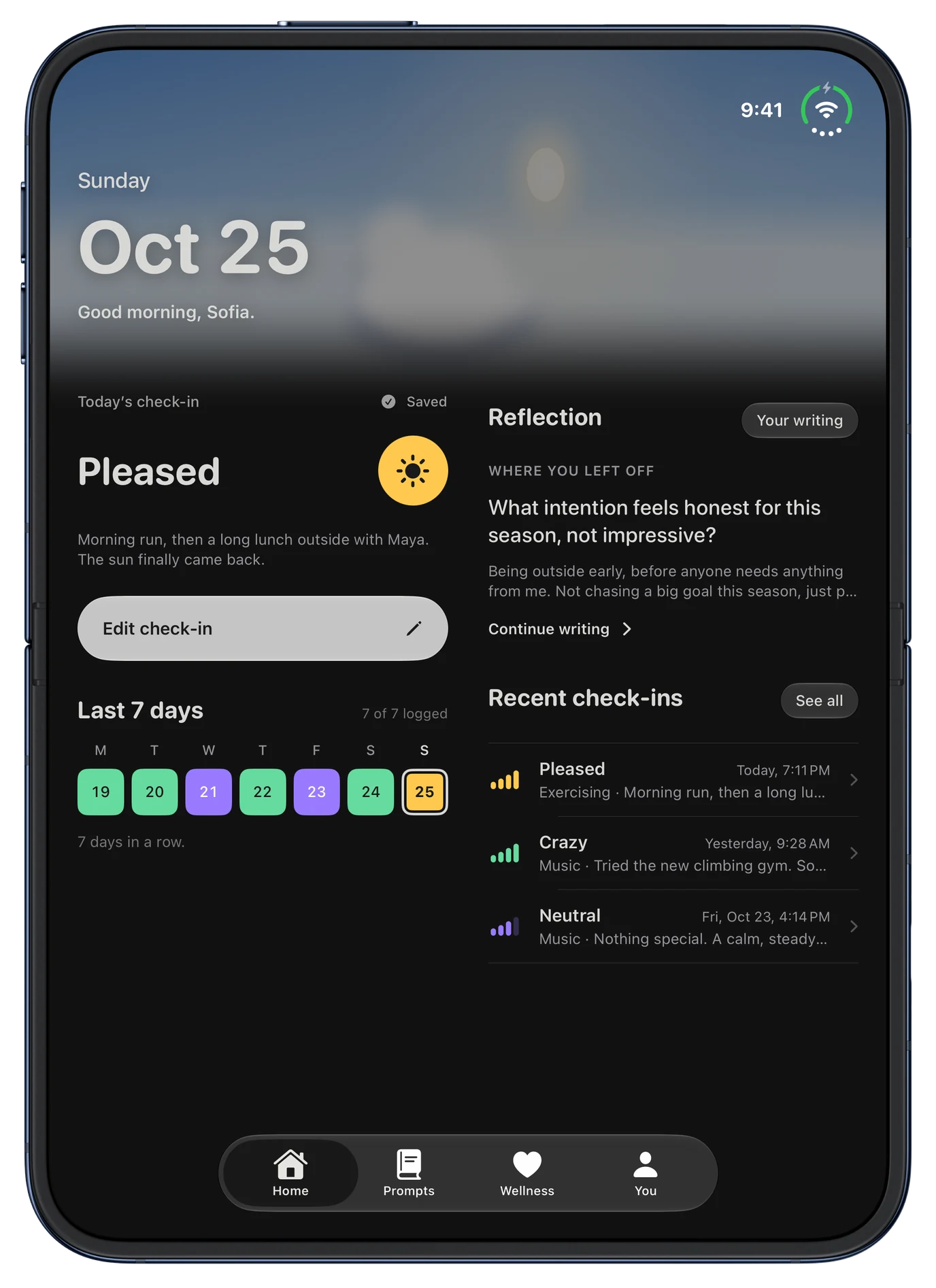 iPhone Duo, open and held upright, showing Home, with the morning sky, today’s check-in, the last 7 days and recent check-ins.