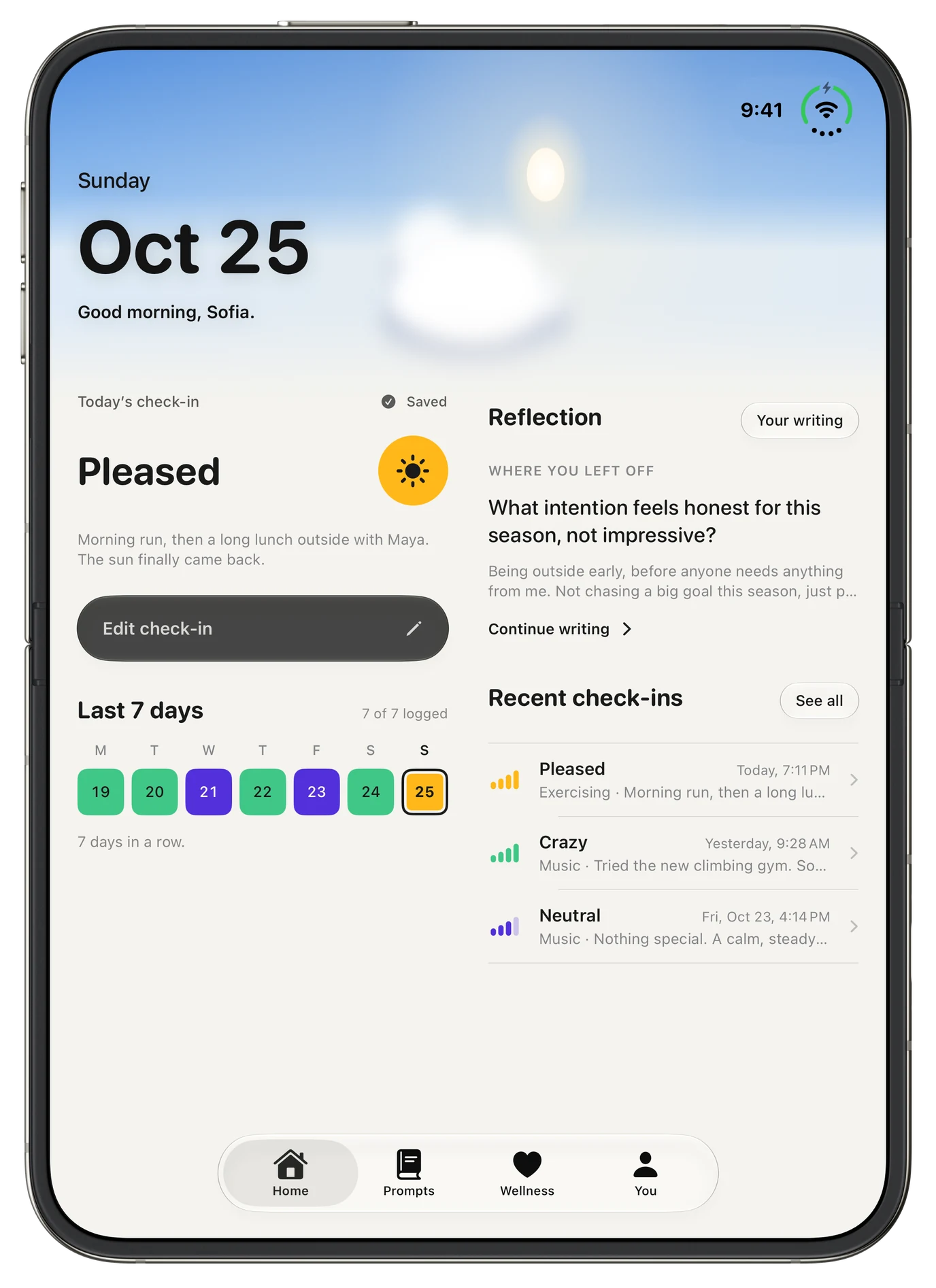 iPhone Duo, open and held upright, showing Home, with the morning sky, today’s check-in, the last 7 days and recent check-ins.