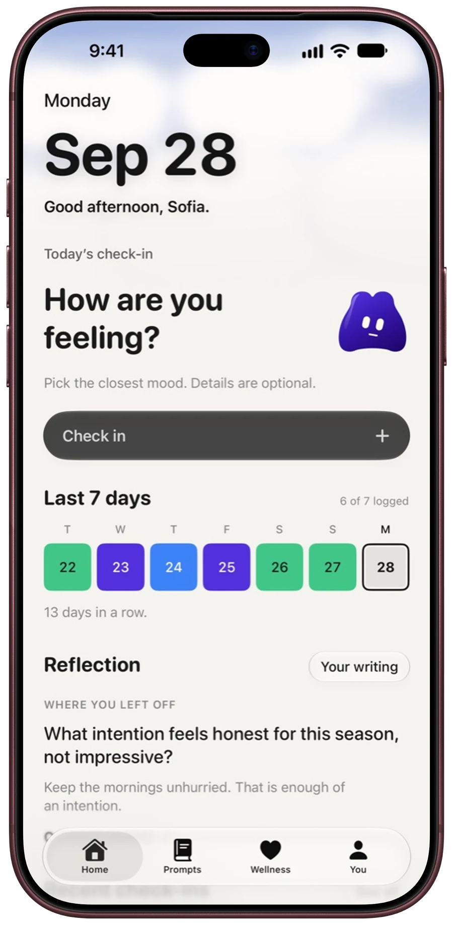 MoodyScope home screen with today's check-in
