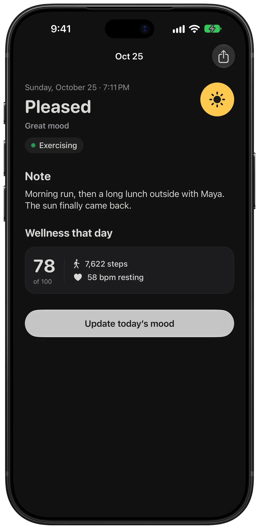 One day: Pleased, the note, what you were doing, steps and heart rate that day.