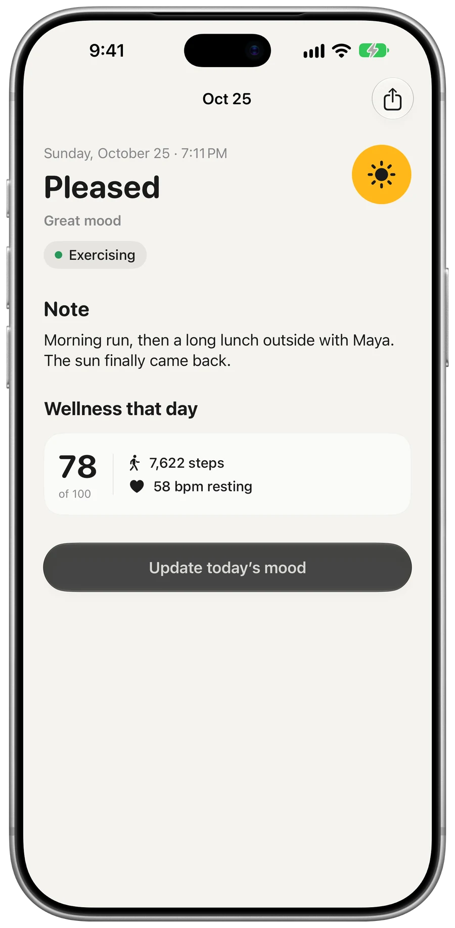 One day: Pleased, the note, what you were doing, steps and heart rate that day.