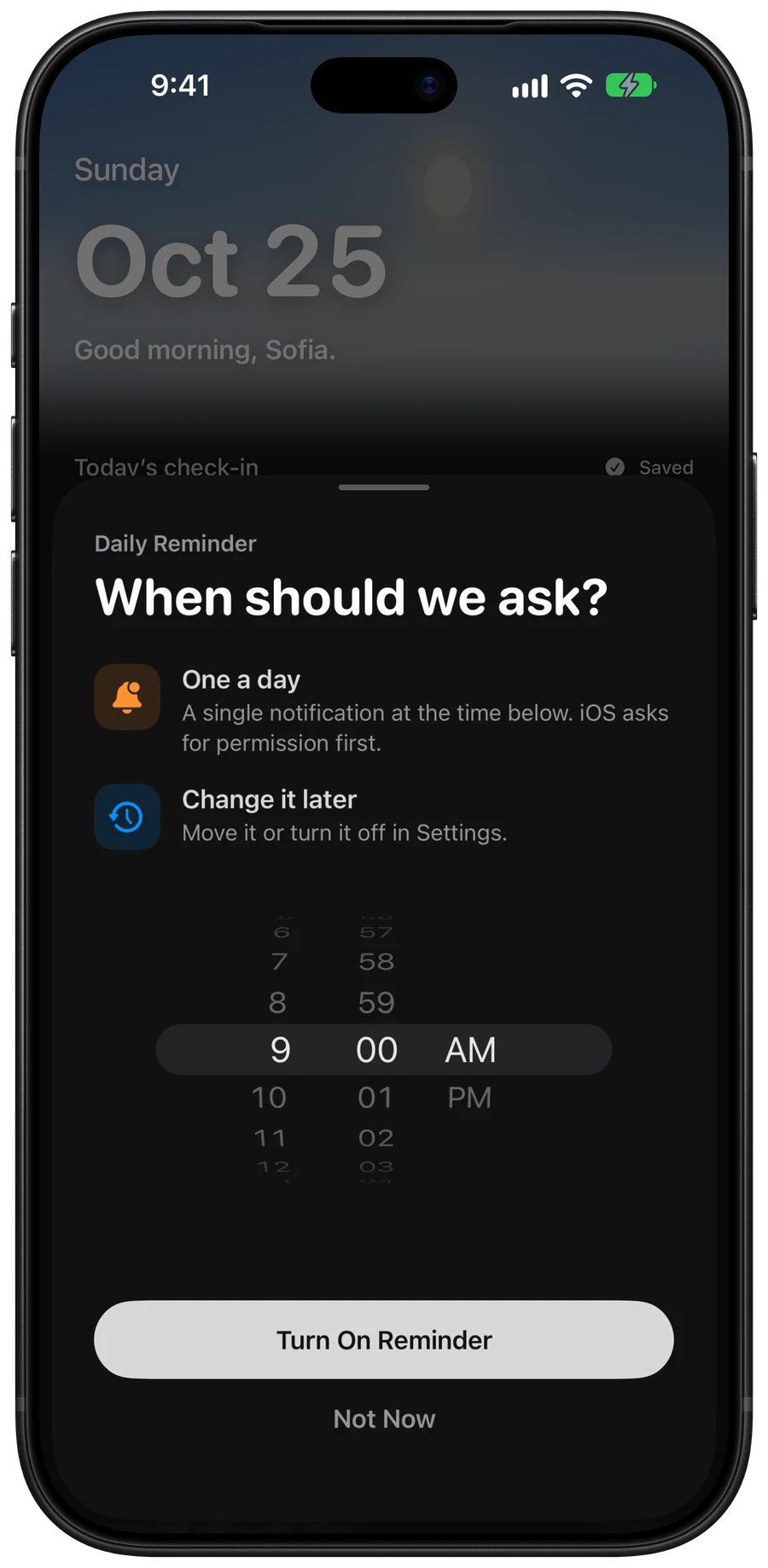 The daily reminder sheet over Home, with a time picker set to 9:00 AM.
