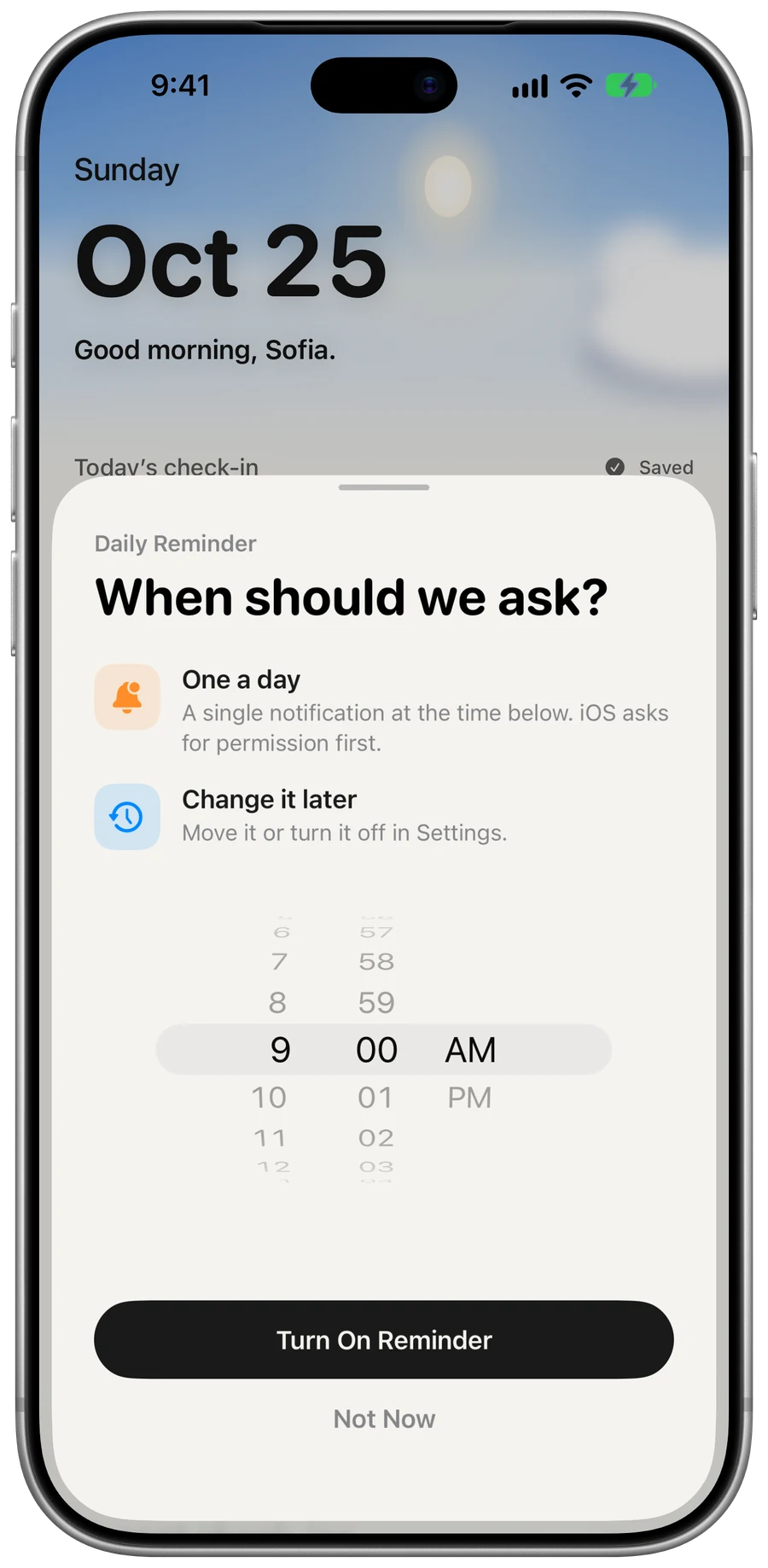 The daily reminder sheet over Home, with a time picker set to 9:00 AM.
